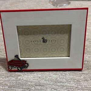 Vintage Red & White Wooden Picture Frame with Metal Wagon Accent